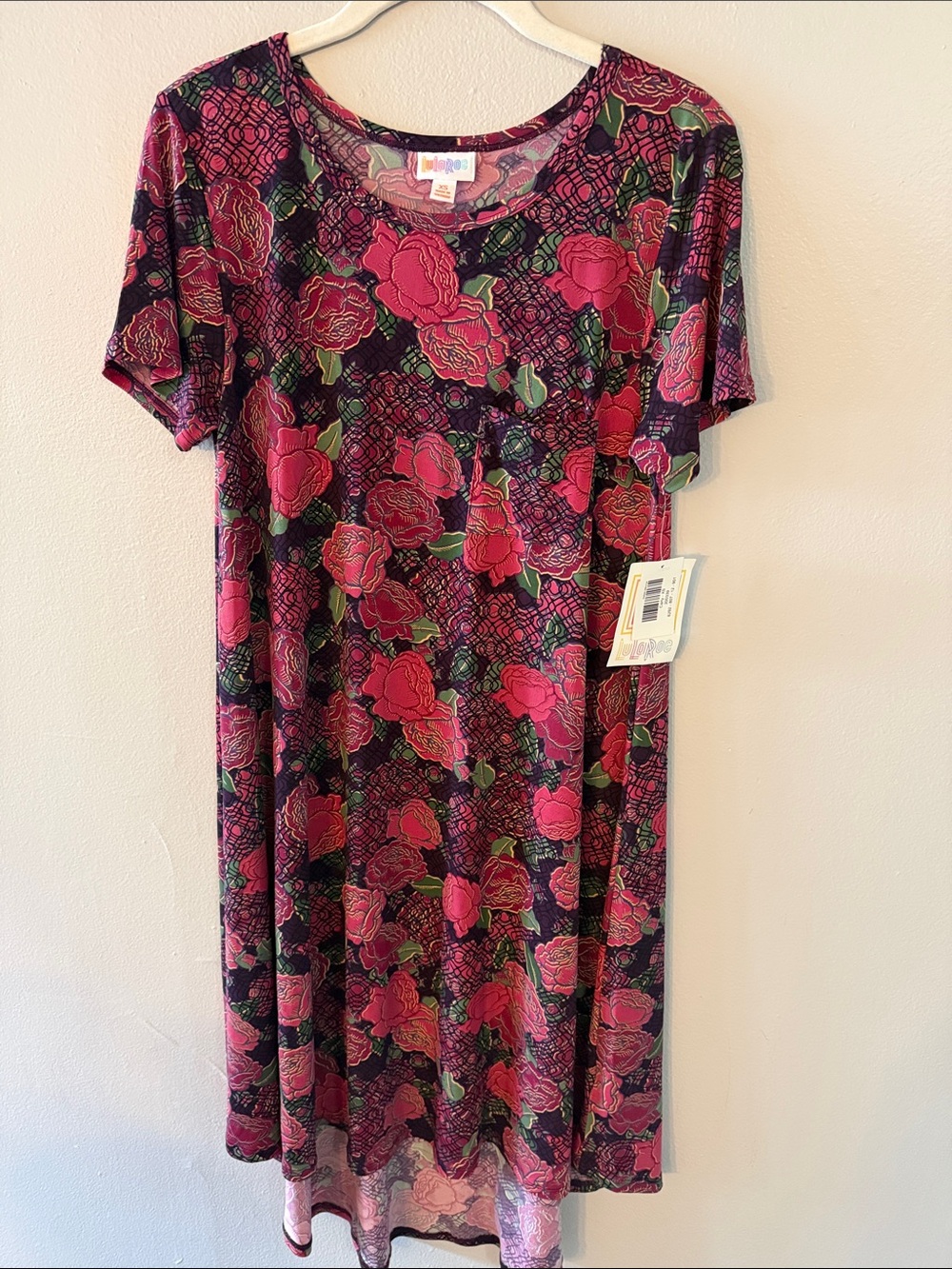 LuLaRoe Pink Rose Print Midi Dress with Black Base